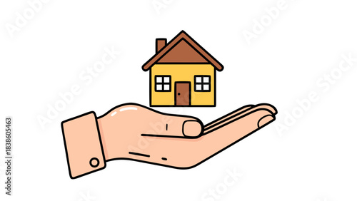 Illustration of a human hand holding a small yellow house with a brown roof against a black background representing home ownership real estate or property concept