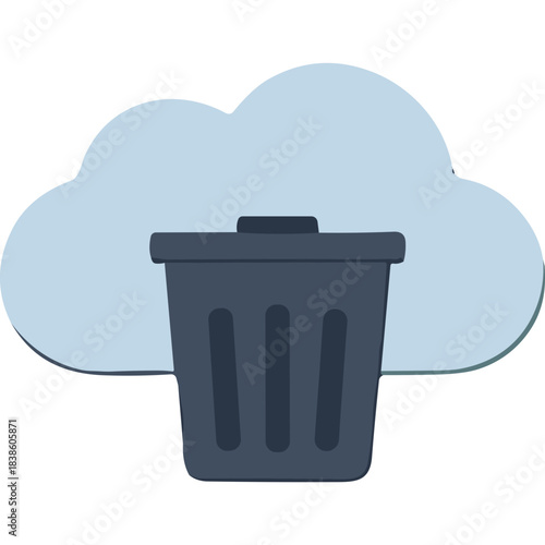 Dark Blue Trash Can Icon in Front of a Light Blue Cloud Symbol Isolated on White Background Representing Data Deletion or Cloud Storage Management