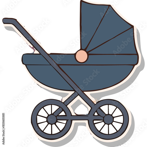 Dark Blue Vintage Baby Stroller with Brown Trim and Light Pink Accent Wheel Hubs Set Against a Clean White Background with Subtle Shadowing