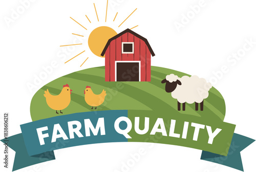 Farm Quality logo with red barn chickens and a sheep.