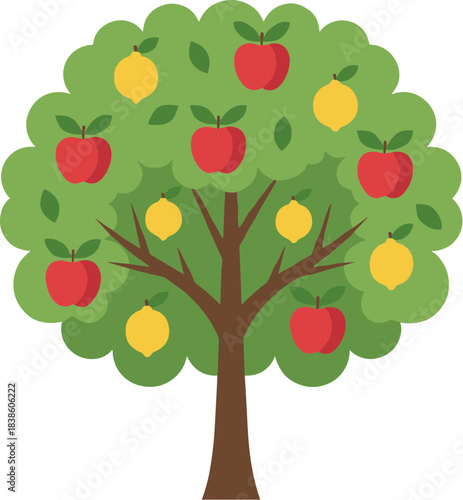 A single cartoon tree bearing both red apples and yellow lemons.