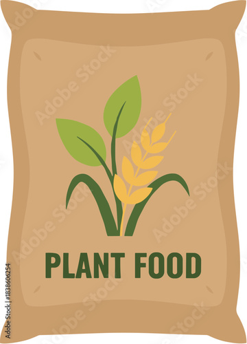 Brown paper sack of plant food with a grain logo illustration.