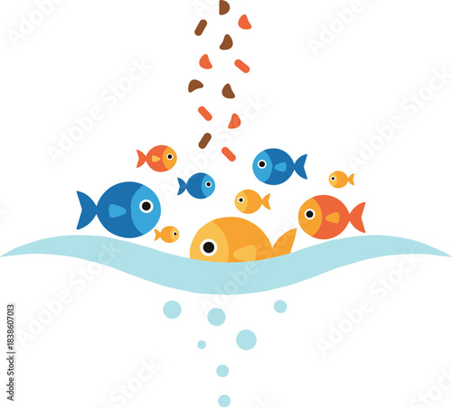 Colorful cartoon fish gathering together for feeding time.