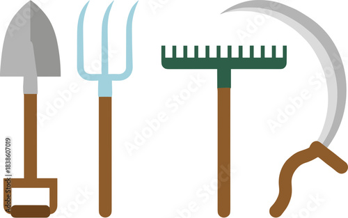 Vector illustration of essential farming and gardening hand tools.