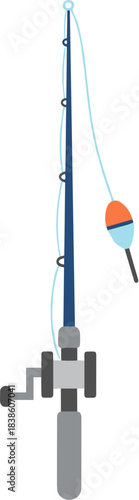 Blue fishing rod with reel and bobber isolated on a white background.