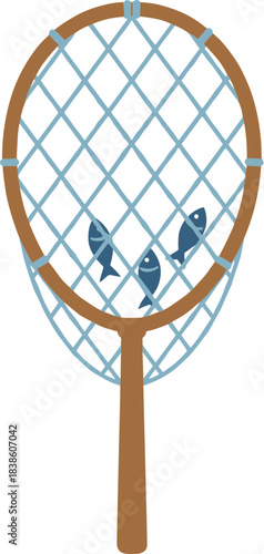 Wooden fishing hand net with three caught blue fish inside.
