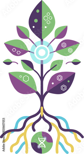 Stylized plant illustration representing biotechnology and genetic engineering.