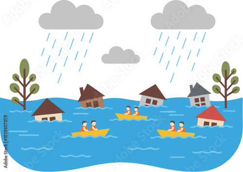 People in boats escaping a severe flood disaster with submerged houses.