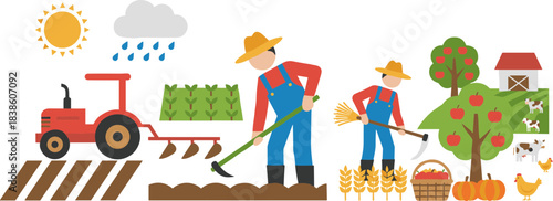 Vector illustration of a farm scene with farmers working the land a tractor and an apple orchard.