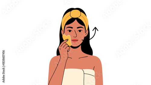 Illustration of a woman with brown skin and dark hair wearing a yellow headband and wrapped in a white towel using a yellow jade roller on her face in a dark studio setting