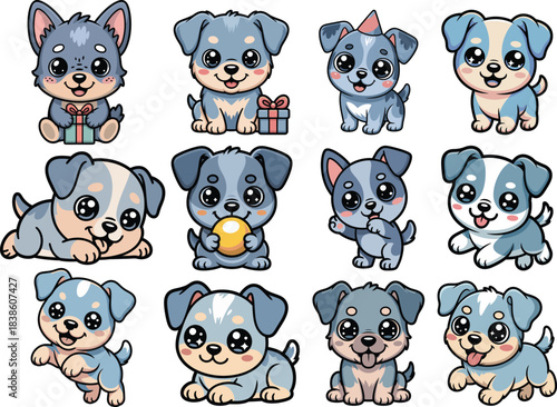 Blue heeler cute puppy characters in various playful poses set