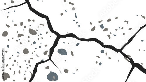 Jagged white crack runs through a dark textured surface with scattered gray and blue aggregate particles creating a distressed abstract pattern with high contrast