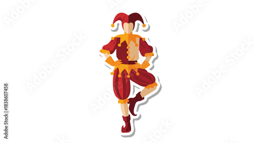 Jester in Red and Yellow Tunic and Hat Standing on One Leg with Hands on Hips Against a Black Background Minimalist Design