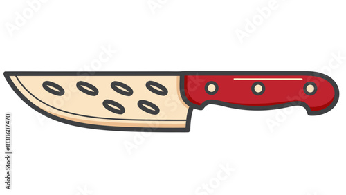 Kitchen Knife With Red Handle and Circular Cutouts On A Cream Blade Isolated On Black Background Simple Graphic Design