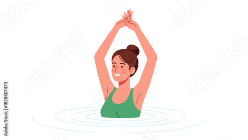 Joyful Young Woman With Brown Hair In A Green Swimsuit Raises Her Arms Above Her Head While Standing In Rippling Water Under Bright Lighting