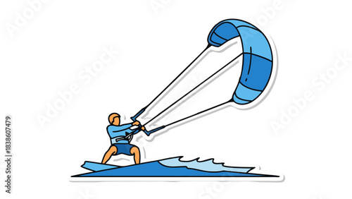 Kitesurfer Riding Waves on a Blue Kiteboard with Blue Water and Sky and a White Sail on a Sunny Day