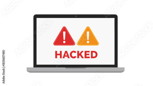 Laptop Screen Displays Red and Orange Warning Symbols and the Word HACKED Indicating a Security Breach and Cyber Attack Threat on a White Background