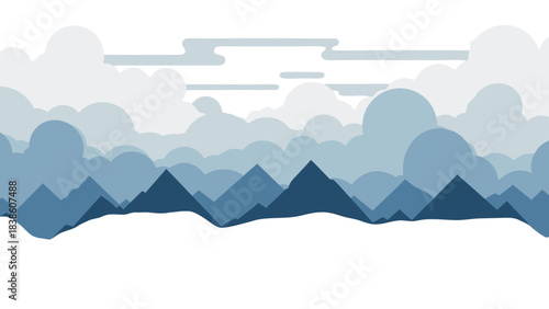 Layered Blue Mountains Silhouette Under Wispy White Clouds Against Black Background Abstract Landscape