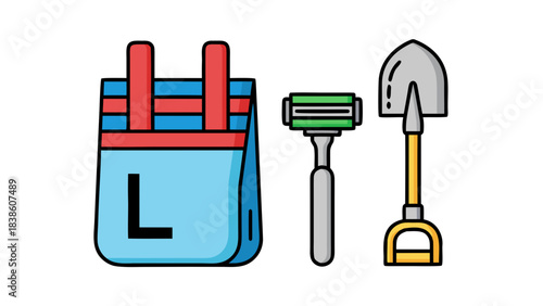 Light Blue Duffel Bag With Red And Blue Stripes A Razor And A Small Shovel On A Black Background