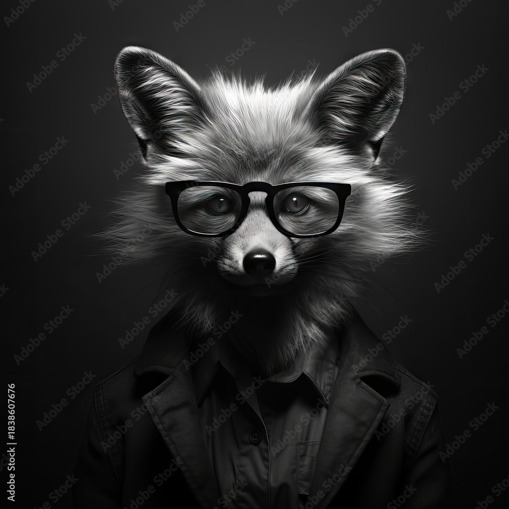 Obraz premium Fox with dark glasses wearing a jacket. Anthropomorphic animal portrait for avatar and social media. Smart look expression.