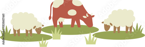 Cute cartoon farm animals a cow and two sheep grazing on green grass illustration.