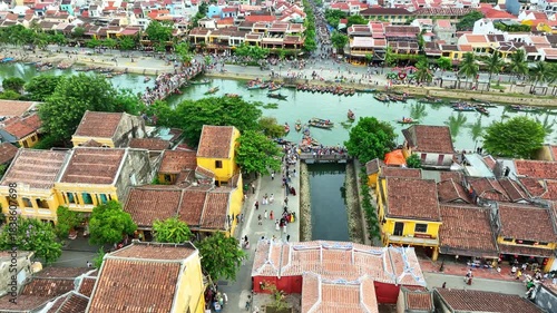 Aerial drone shot of Hoi An, Vietnam, in the morning, in Quang Nam province, a very popular tourist destination.
