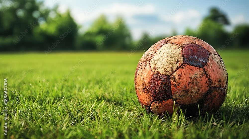 Fototapeta premium A weathered soccer ball rests on a lush green lawn under a bright blue sky, evoking a sense of nostalgia and outdoor play.