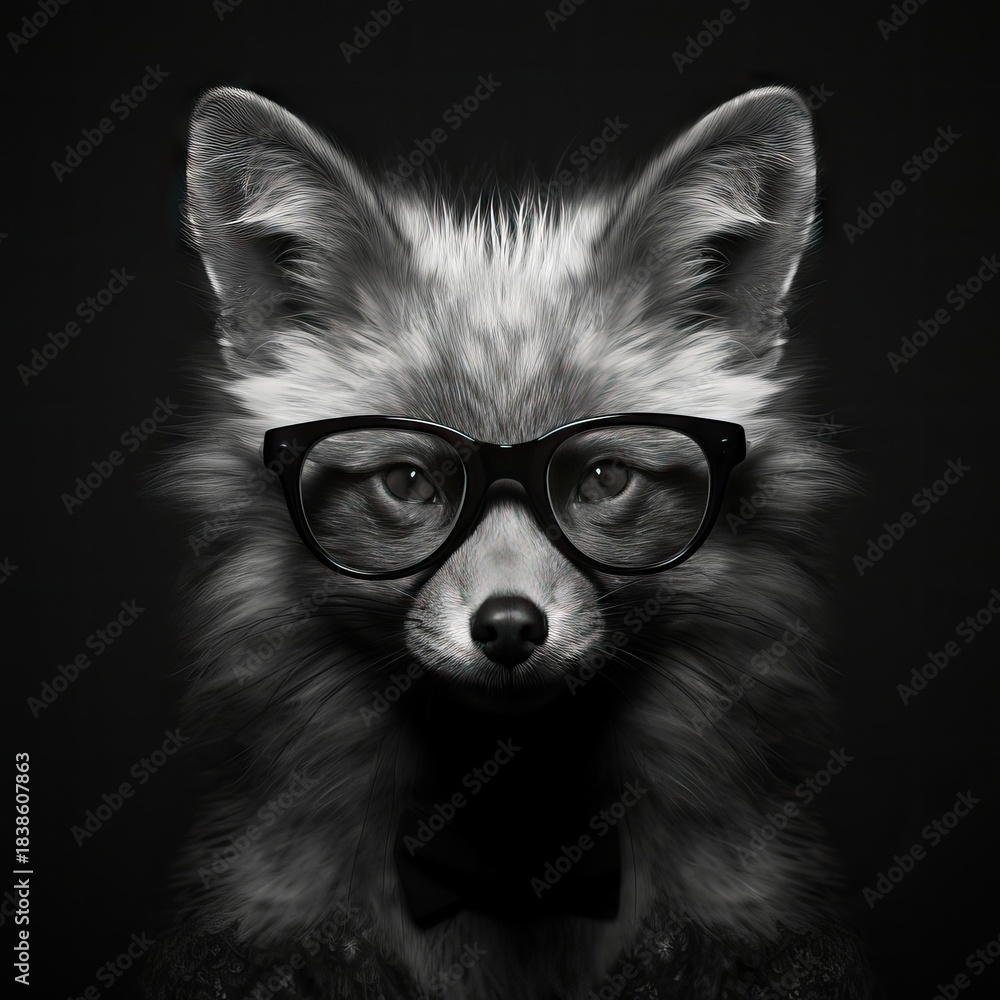 Obraz premium Fox animal wearing eyeglasses and bow tie. Funny cartoon avatar for social media profile picture. Humanized cute animal character concept.