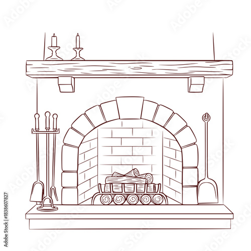 Linear drawing vector of rustic fireplace tools on stone wall and candles

