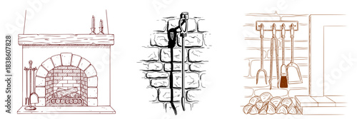 A charming vector set of scenes with fireplaces of different designs, and Cozy fireplace accessories on a stone wall, hand-painted