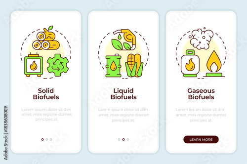 Types of biofuel onboarding mobile app screen. Organic material. Walkthrough 3 steps editable graphic instructions with linear concepts. UI, UX, GUI. Montserrat SemiBold, Regular fonts used