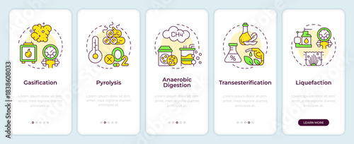 Biomass conversion processes onboarding mobile app screen. Walkthrough 5 steps editable graphic instructions with linear concepts. UI, UX, GUI. Montserrat SemiBold, Regular fonts used