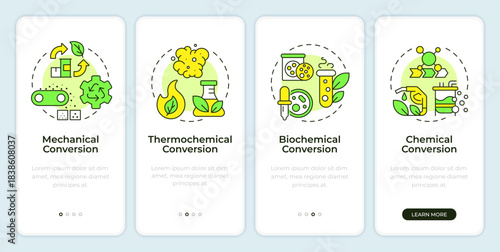 Biomass conversions onboarding mobile app screen. Energy production. Walkthrough 4 steps editable graphic instructions with linear concepts. UI, UX, GUI. Montserrat SemiBold, Regular fonts used