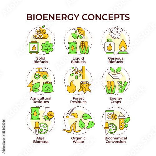 Bioenergy multi color concept icons. Biofuel production, agricultural residues. Energy crops. Icon pack. Vector images. Round shape illustrations for article, brochure. Abstract idea