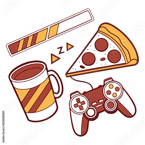 Gaming essentials Pizza slice controller coffee and progress bar illustration.
