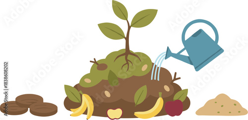 Vector illustration of a compost pile with a growing seedling being watered.