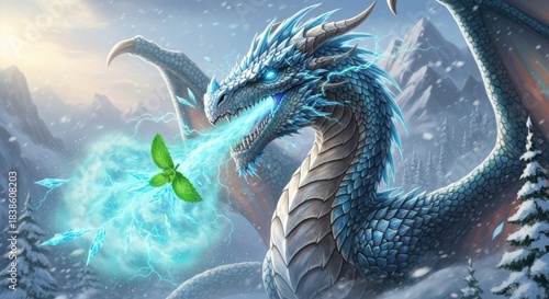 Majestic ice dragon breathes frost at a glowing green butterfly in snowy mountains