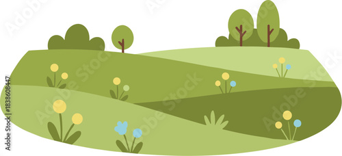 Stylized cartoon illustration of a green summer meadow with rolling hills and flowers.
