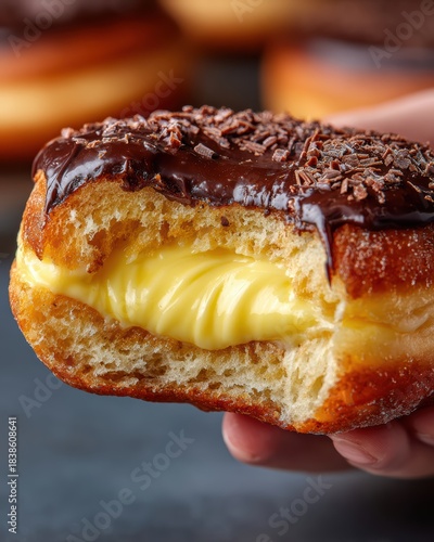 Bitten boston cream doughnut closeup in studio setting