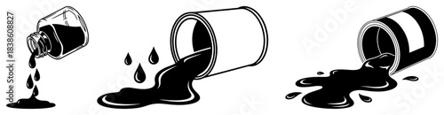 Set of spilled black liquid from bottle and paint cans vector illustration of leaking ink oil or paint puddles