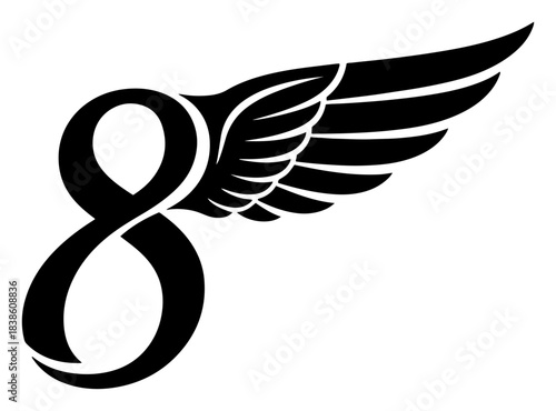 Winged number 8 icon. Infinity symbol with angel wing. Vector logo or tattoo design