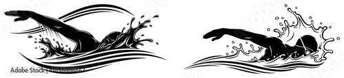 Swimmer silhouette vector icon set. Man swimming freestyle in water waves splash