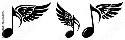 Set of winged music notes Flying melody symbol with angel wings Vector icon logo for song or sound