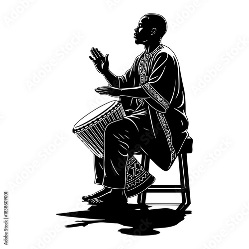 African man playing djembe drum vector silhouette. Musician in traditional clothes with ethnic instrument