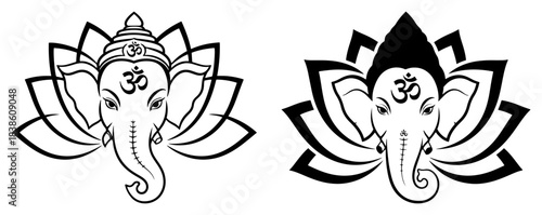 Ganesha head in lotus flower Hindu god with Om symbol for yoga and meditation vector set