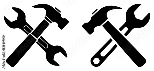 Crossed hammer and wrench tool icons Repair service or workshop vector symbol set