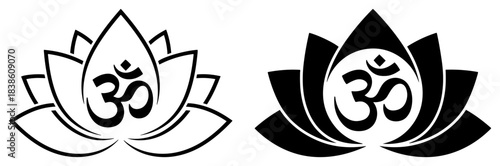 Om Aum symbol in lotus flower icon set Vector logo for yoga meditation and spiritual harmony