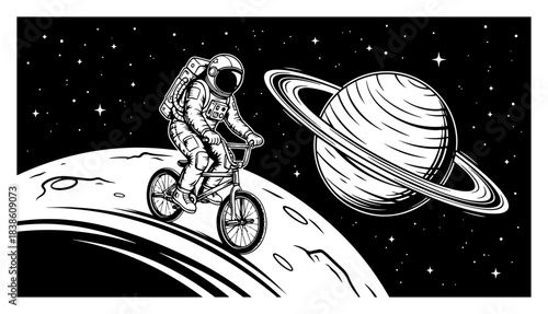Astronaut on a BMX bike in outer space. Cosmic adventure graphic for t-shirt print