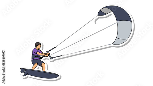 Man Kitesurfing on a Dark Board with a Large Blue and Gray Kite Against a Black Background Dynamic Action Shot Extreme Sports Outdoor Recreation Adventure