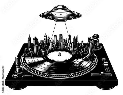 Surreal vinyl record player turntable featuring city skyline and hovering ufo spaceship